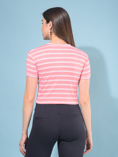 Peach Verticle Striped T-Shirt-Women T-Shirts-Crimsoune Club