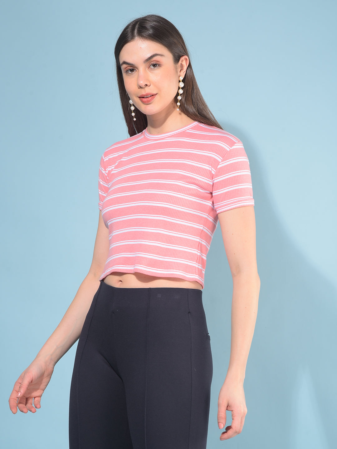 Peach Verticle Striped T-Shirt-Women T-Shirts-Crimsoune Club