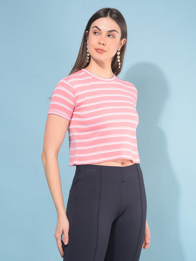 Peach Verticle Striped T-Shirt-Women T-Shirts-Crimsoune Club