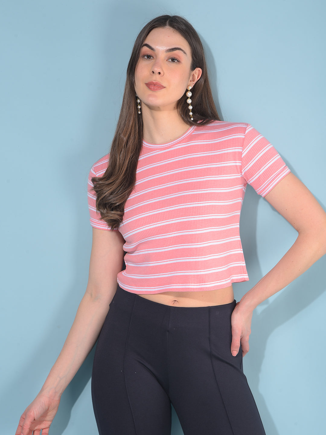 Peach Verticle Striped T-Shirt-Women T-Shirts-Crimsoune Club