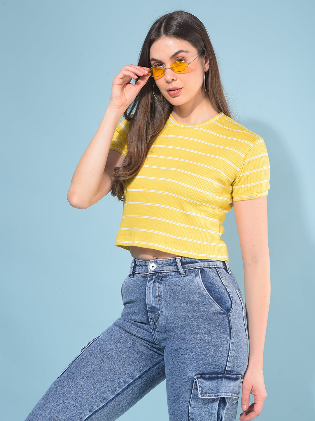 Yellow Verticle Striped T-Shirt-Women T-Shirts-Crimsoune Club