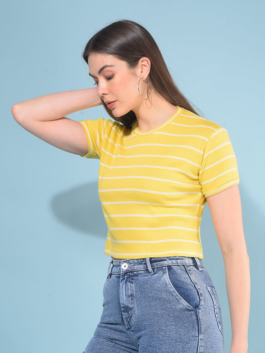 Yellow Verticle Striped T-Shirt-Women T-Shirts-Crimsoune Club