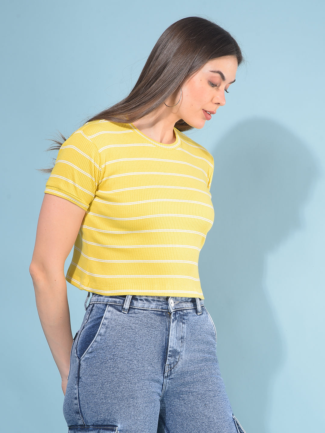 Yellow Verticle Striped T-Shirt-Women T-Shirts-Crimsoune Club