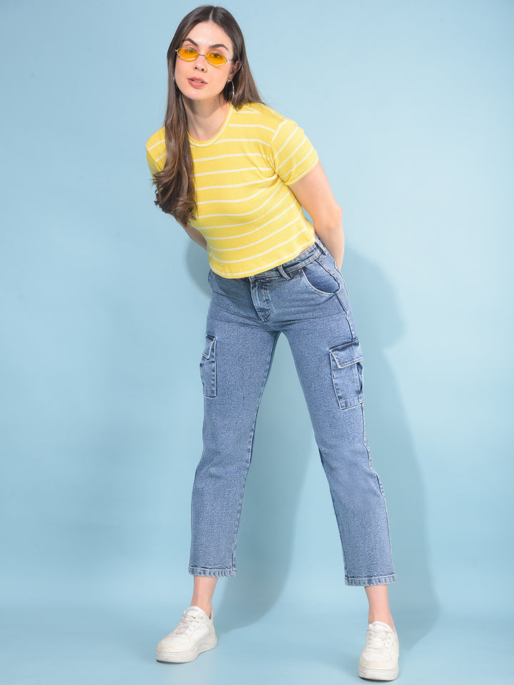 Yellow Verticle Striped T-Shirt-Women T-Shirts-Crimsoune Club
