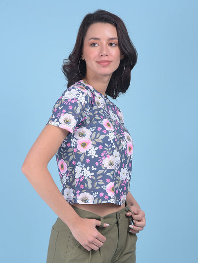 Navy Blue Floral Print Crop T-Shirt-Women T-shirts-Crimsoune Club