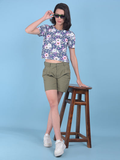 Navy Blue Floral Print Crop T-Shirt-Women T-shirts-Crimsoune Club