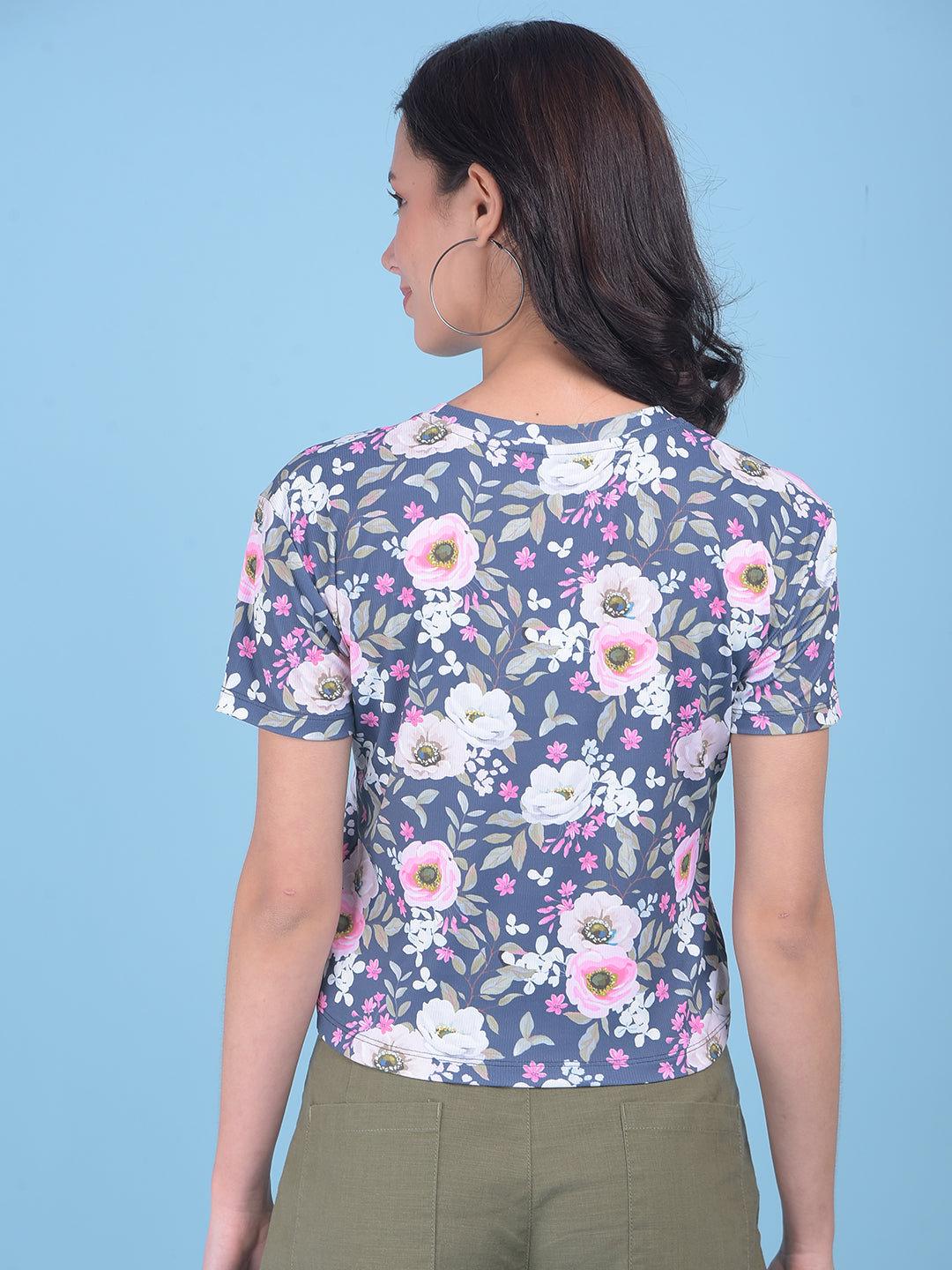 Navy Blue Floral Print Crop T-Shirt-Women T-shirts-Crimsoune Club