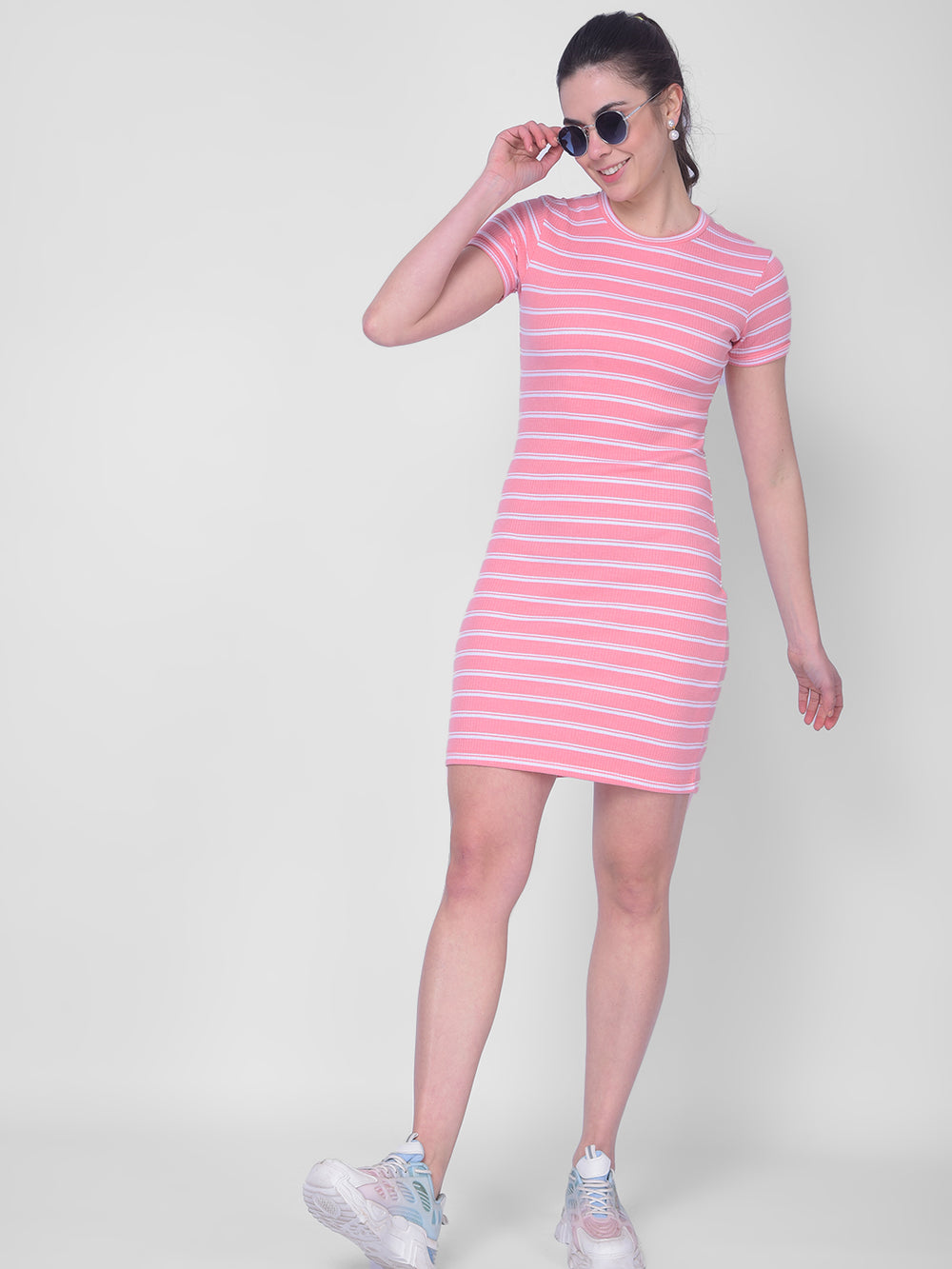 Pink Striped Bodycon Dress-Women Dresses-Crimsoune Club