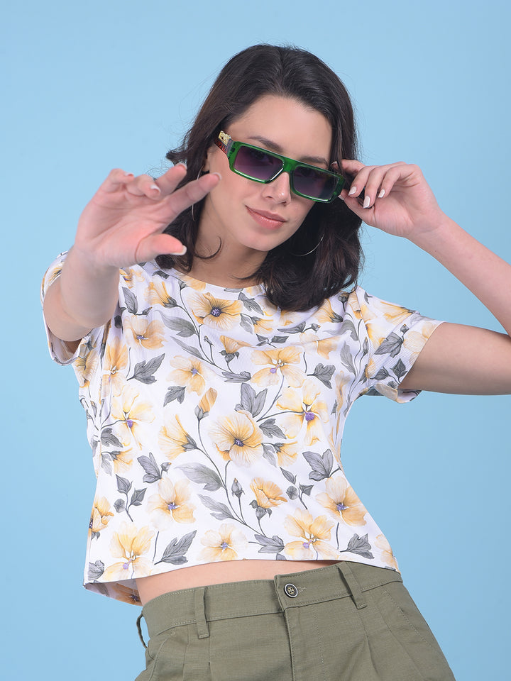 Yellow Floral Print Crop T-Shirt-Women T-shirts-Crimsoune Club