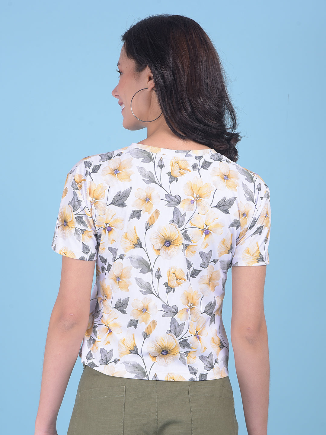 Yellow Floral Print Crop T-Shirt-Women T-shirts-Crimsoune Club