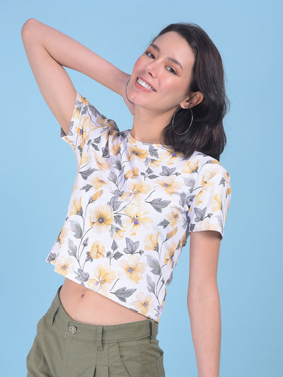 Yellow Floral Print Crop T-Shirt-Women T-shirts-Crimsoune Club