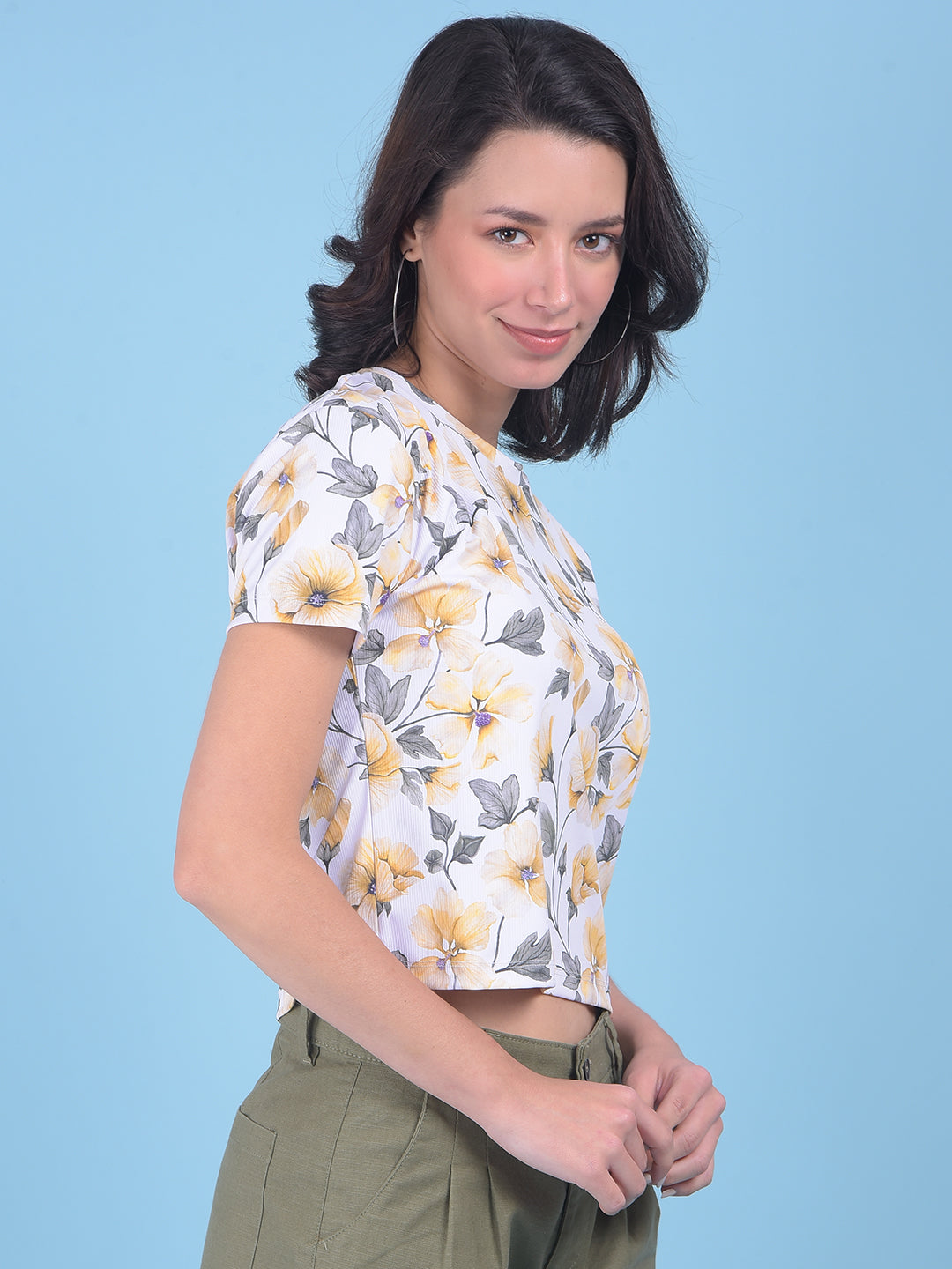 Yellow Floral Print Crop T-Shirt-Women T-shirts-Crimsoune Club