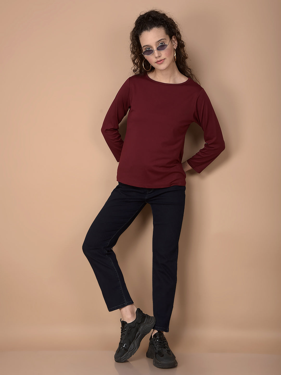 Wine Crop Length T-Shirt-Women T-Shirts-Crimsoune Club