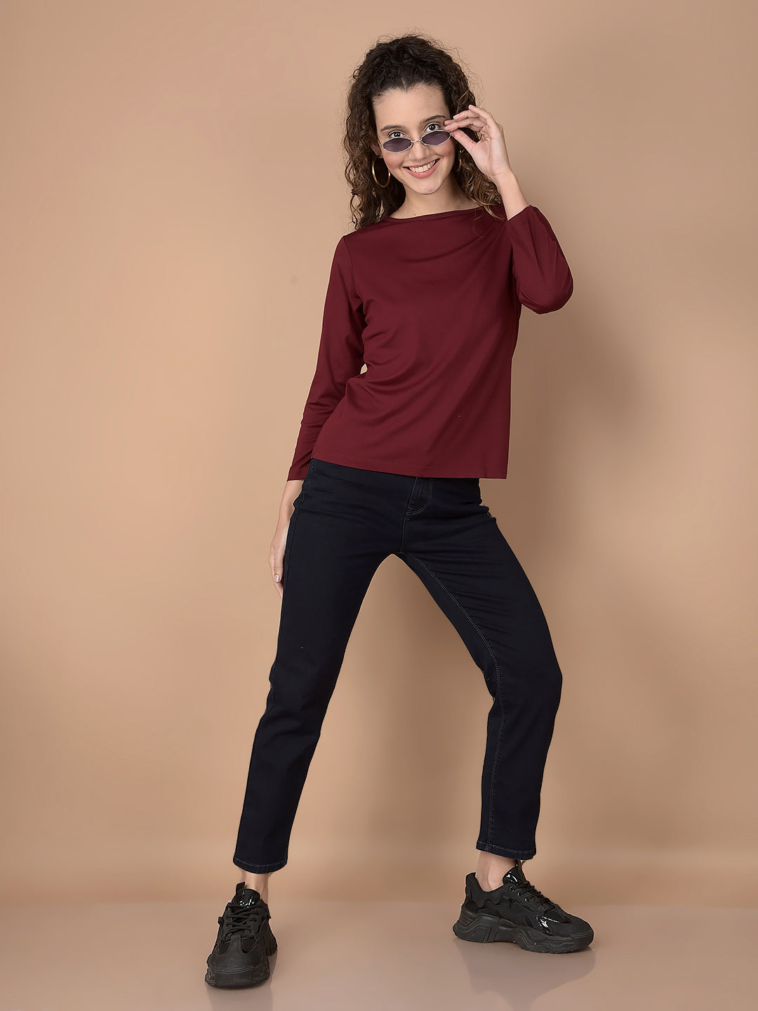 Wine Crop Length T-Shirt-Women T-Shirts-Crimsoune Club