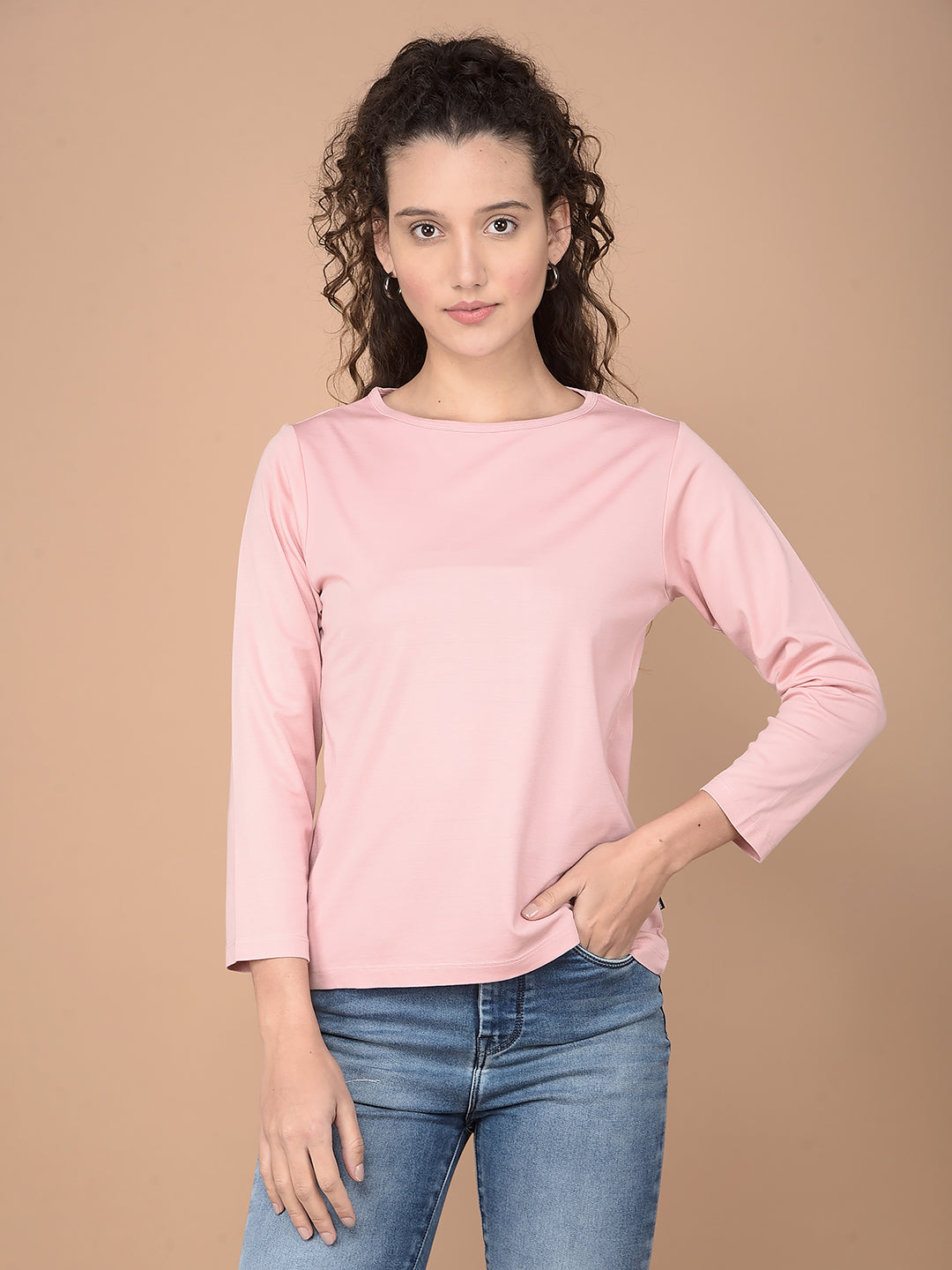 Peach Crop Length T-Shirt-Women T-Shirts-Crimsoune Club