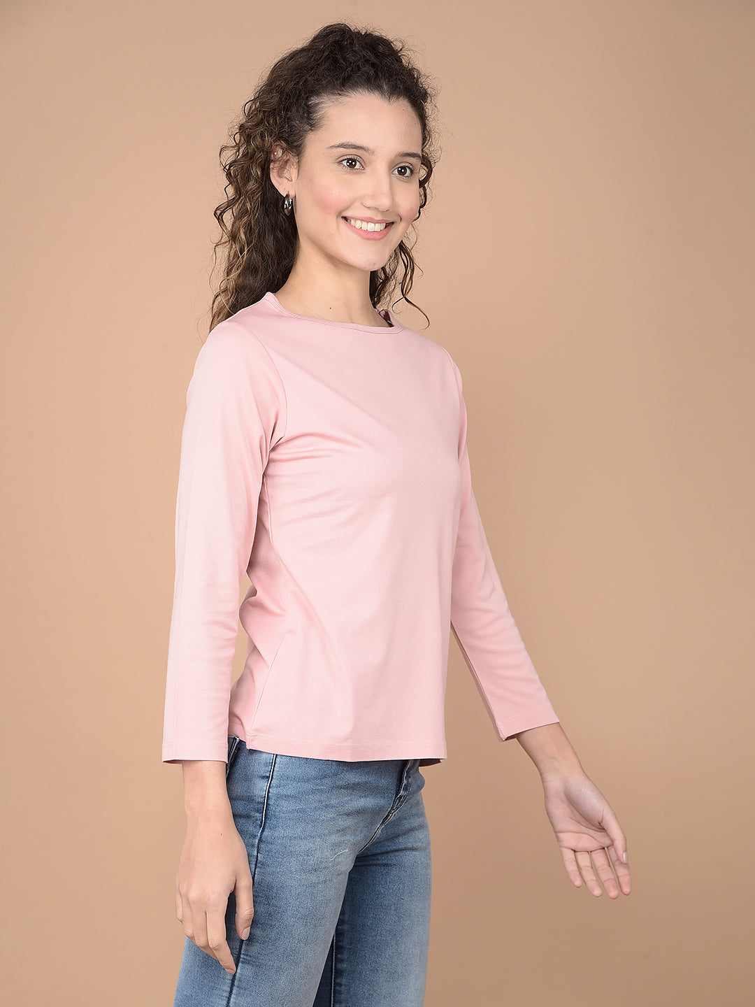 Peach Crop Length T-Shirt-Women T-Shirts-Crimsoune Club