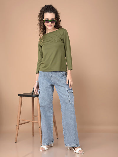 Olive Crop Length T-Shirt-Women T-Shirts-Crimsoune Club