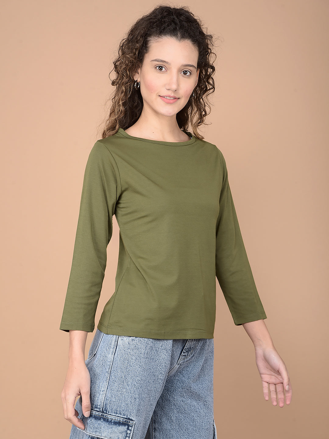 Olive Crop Length T-Shirt-Women T-Shirts-Crimsoune Club