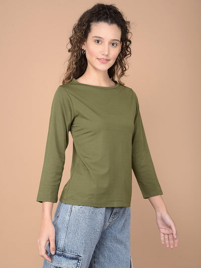 Olive Crop Length T-Shirt-Women T-Shirts-Crimsoune Club
