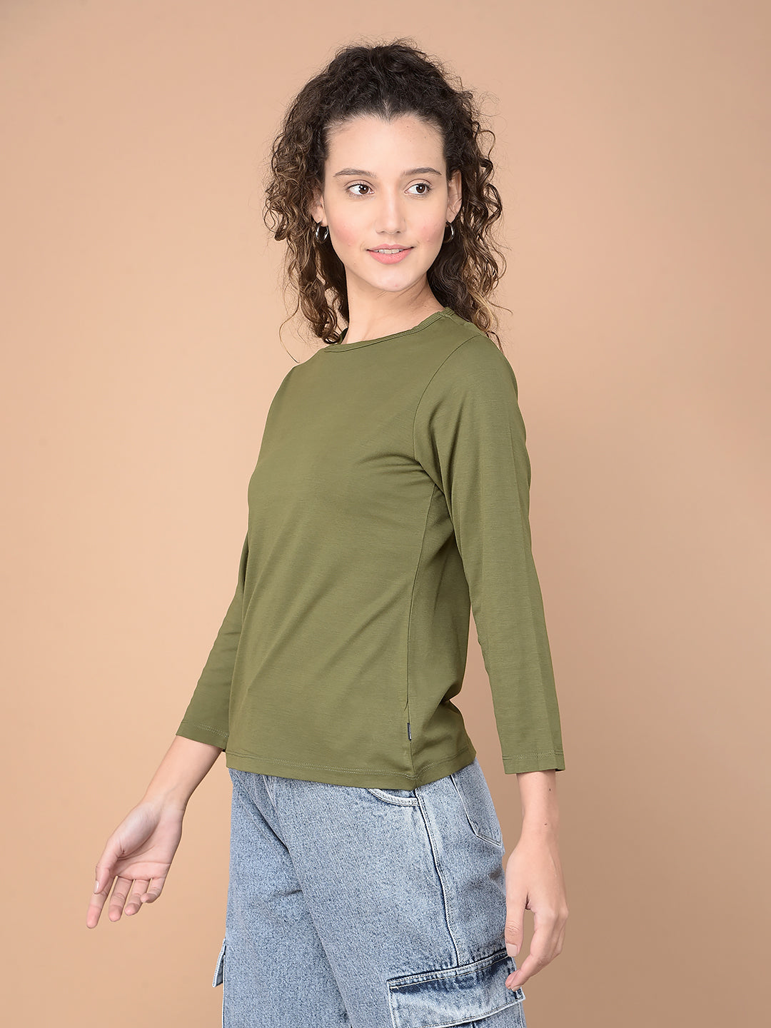 Olive Crop Length T-Shirt-Women T-Shirts-Crimsoune Club