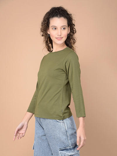 Olive Crop Length T-Shirt-Women T-Shirts-Crimsoune Club