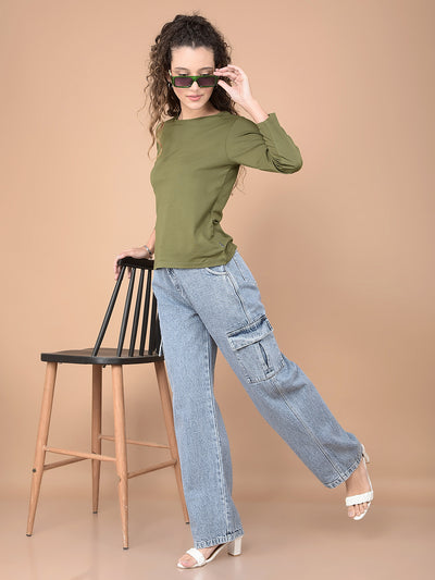 Olive Crop Length T-Shirt-Women T-Shirts-Crimsoune Club
