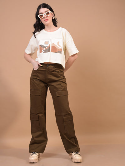 Women's Cream Graphic Print Cropped T-Shirt-Women T-Shirts-Crimsoune Club