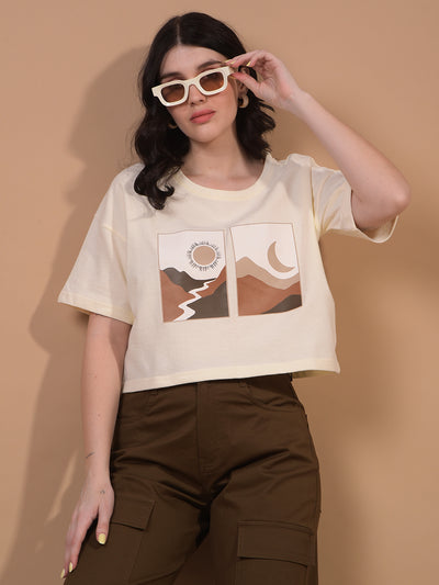 Women's Cream Graphic Print Cropped T-Shirt-Women T-Shirts-Crimsoune Club