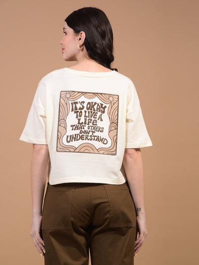 Women's Cream Graphic Print Cropped T-Shirt-Women T-Shirts-Crimsoune Club