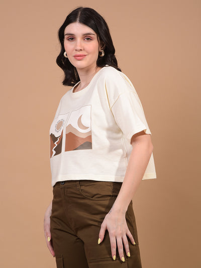 Women's Cream Graphic Print Cropped T-Shirt-Women T-Shirts-Crimsoune Club