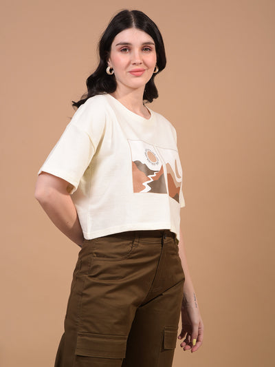 Women's Cream Graphic Print Cropped T-Shirt-Women T-Shirts-Crimsoune Club