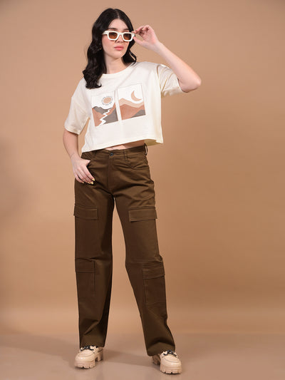 Women's Cream Graphic Print Cropped T-Shirt-Women T-Shirts-Crimsoune Club