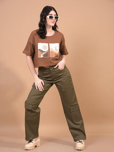 Women's Brown Graphic Print Cropped T-Shirt-Women T-Shirts-Crimsoune Club
