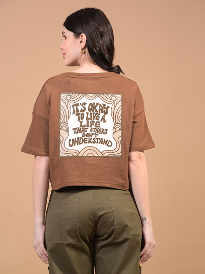 Women's Brown Graphic Print Cropped T-Shirt-Women T-Shirts-Crimsoune Club
