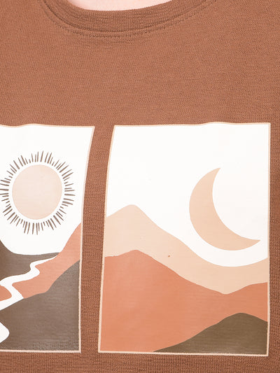 Women's Brown Graphic Print Cropped T-Shirt-Women T-Shirts-Crimsoune Club