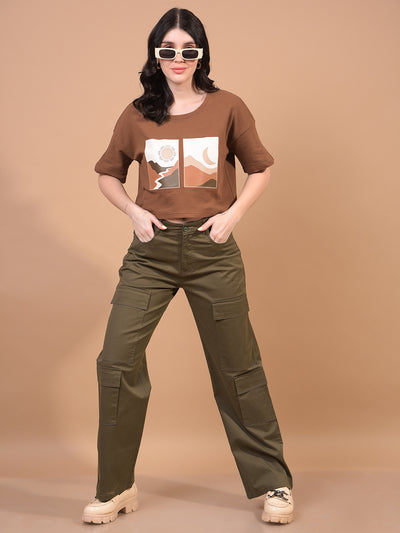 Women's Brown Graphic Print Cropped T-Shirt-Women T-Shirts-Crimsoune Club