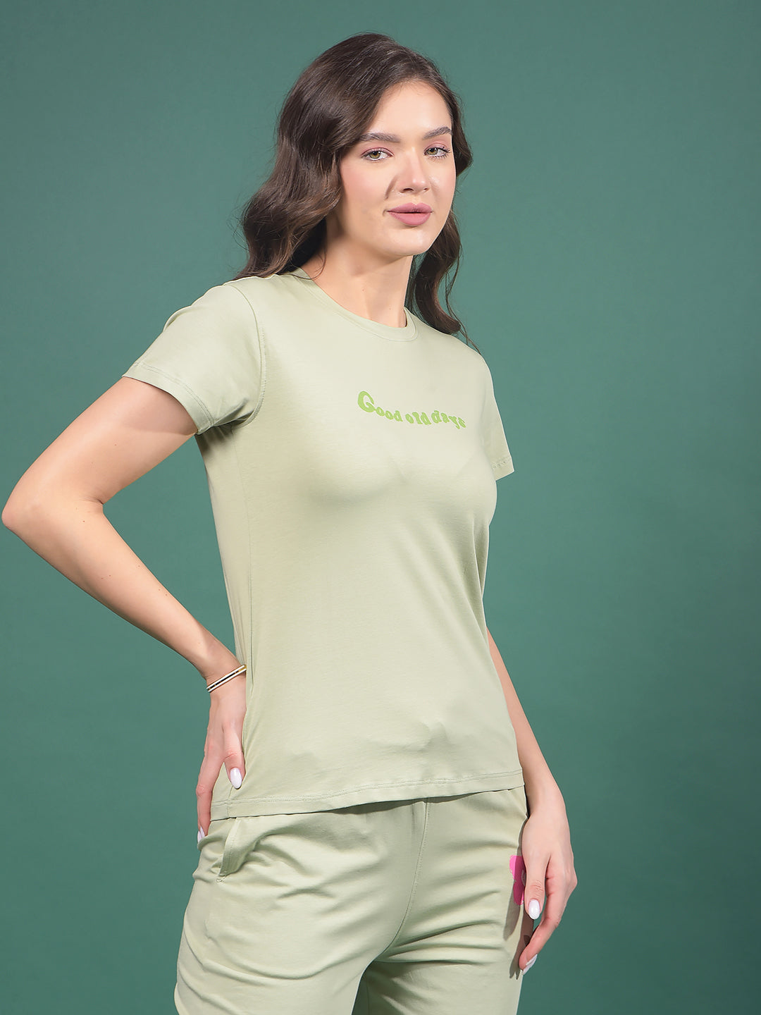 Green Typographic Print T-Shirt-Women T-Shirts-Crimsoune Club