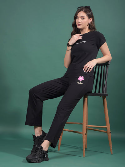 Black Typographic Print T-Shirt-Women T-Shirts-Crimsoune Club