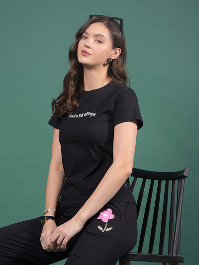 Black Typographic Print T-Shirt-Women T-Shirts-Crimsoune Club