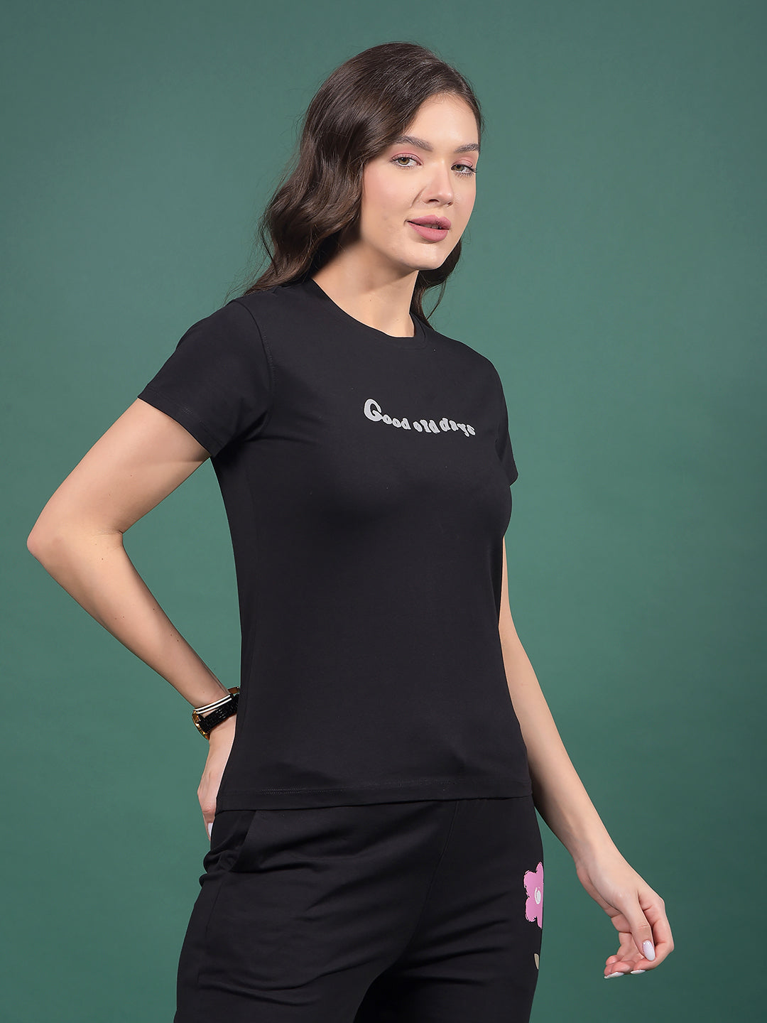 Black Typographic Print T-Shirt-Women T-Shirts-Crimsoune Club
