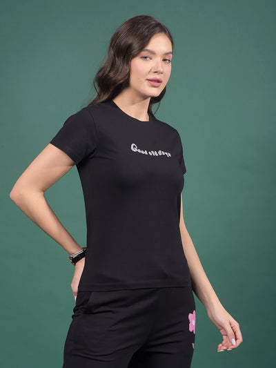 Black Typographic Print T-Shirt-Women T-Shirts-Crimsoune Club