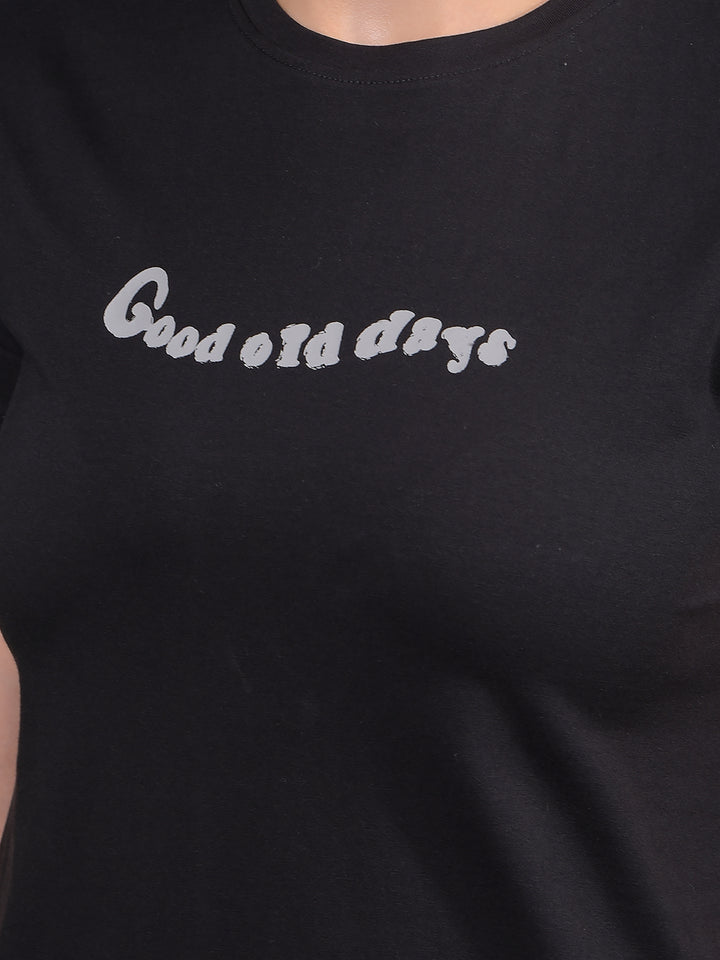 Black Typographic Print T-Shirt-Women T-Shirts-Crimsoune Club