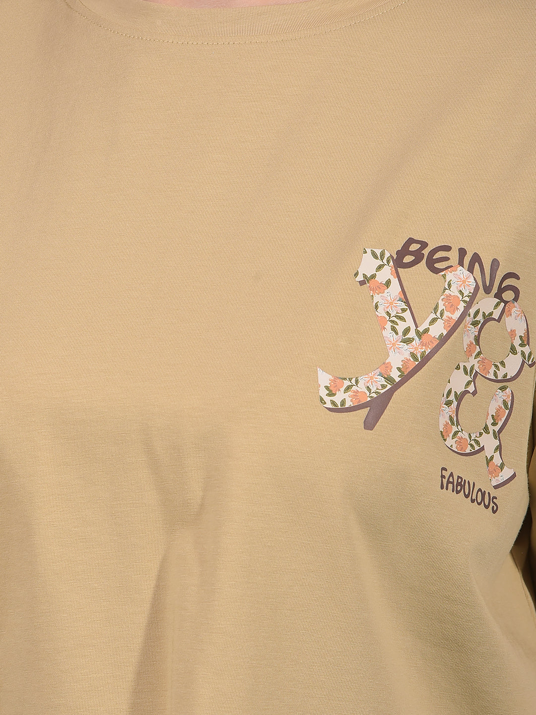 Beige Typographic Print Crop Length T-Shirt-Women T-Shirts-Crimsoune Club