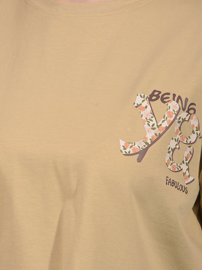 Beige Typographic Print Crop Length T-Shirt-Women T-Shirts-Crimsoune Club
