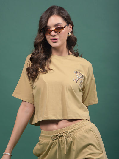 Beige Typographic Print Crop Length T-Shirt-Women T-Shirts-Crimsoune Club