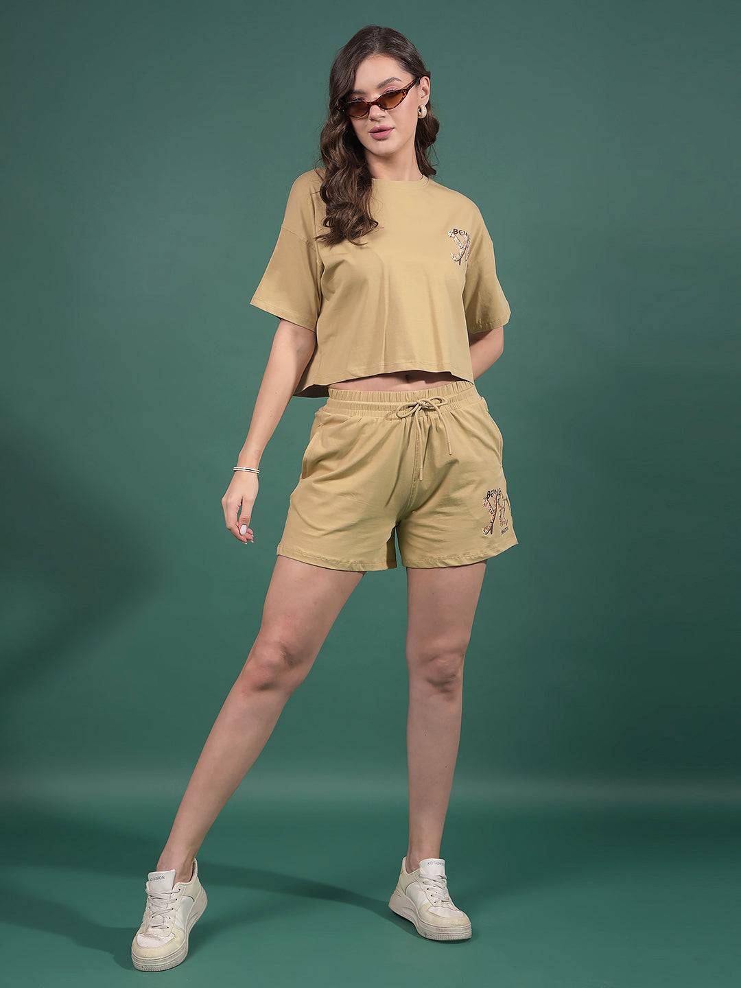 Beige Typographic Print Crop Length T-Shirt-Women T-Shirts-Crimsoune Club