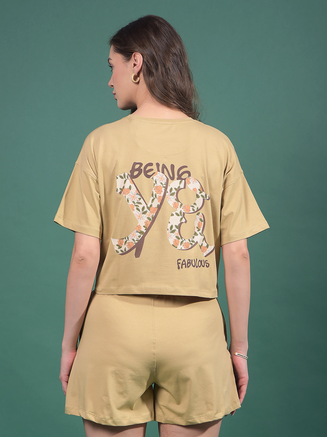 Beige Typographic Print Crop Length T-Shirt-Women T-Shirts-Crimsoune Club