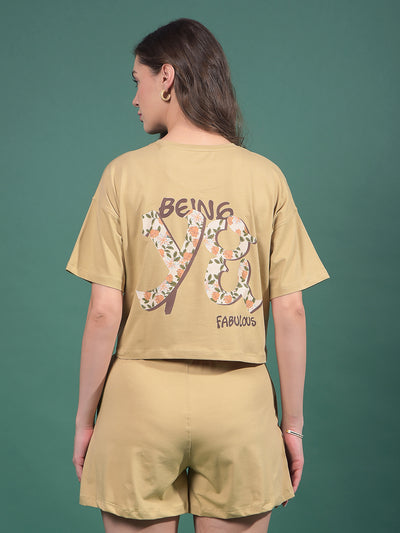 Beige Typographic Print Crop Length T-Shirt-Women T-Shirts-Crimsoune Club