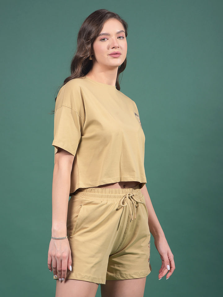 Beige Typographic Print Crop Length T-Shirt-Women T-Shirts-Crimsoune Club