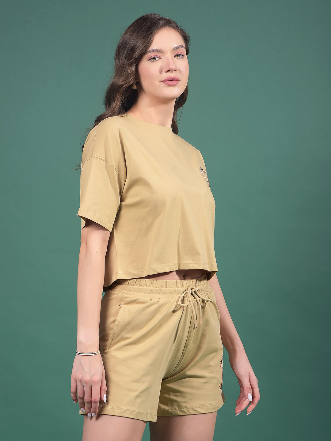 Beige Typographic Print Crop Length T-Shirt-Women T-Shirts-Crimsoune Club